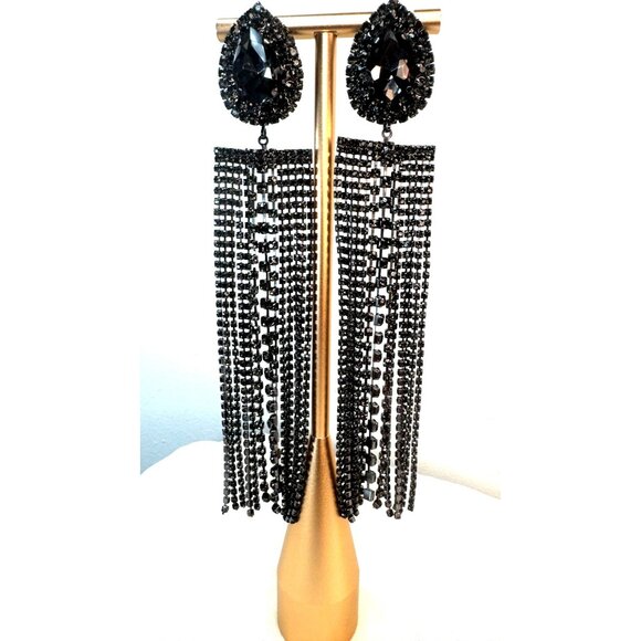 3/$35 Vintage Shimmering Black Long Full Rhinestone Tassel Drop Earrings - Picture 4 of 5